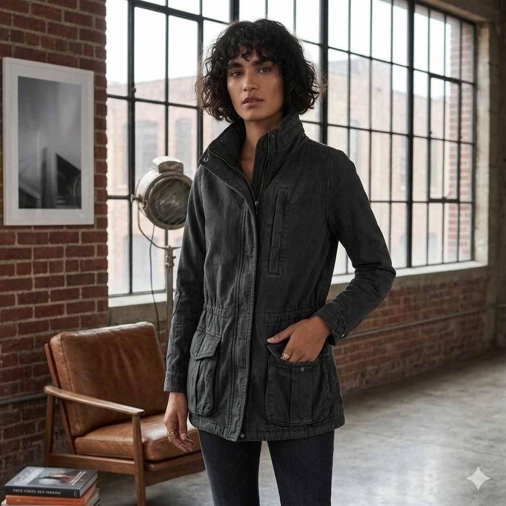 James Perse Los Angeles Utility Field Jacket Washed Black Stowaway Hood, Size 0